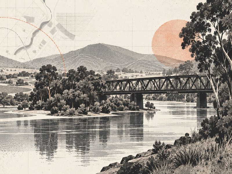 Illustration: a truss bridge over a river lined with gum trees.