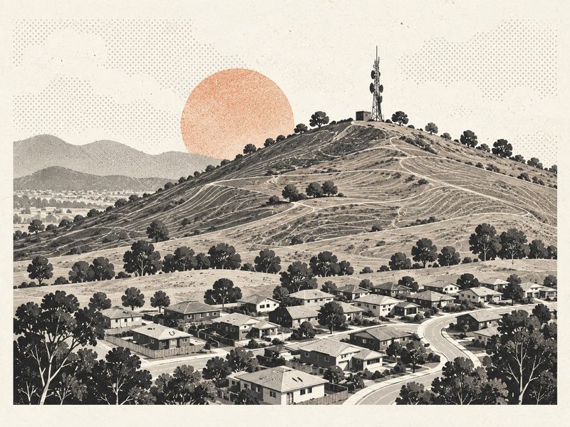Illustration: houses at the foot of a hill with a signal tower on top.